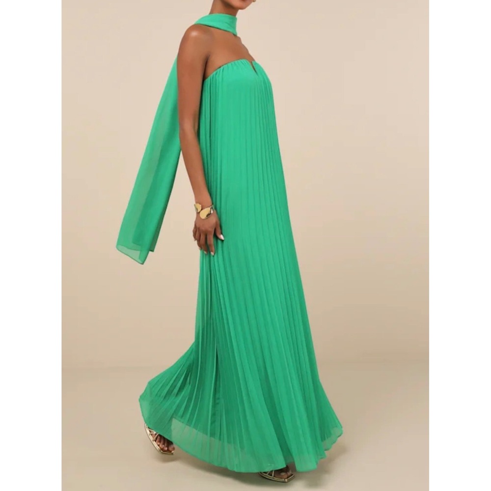 Lulus Lael Green Pleated Strapless Maxi Dress and Scarf Set Size L NEW
